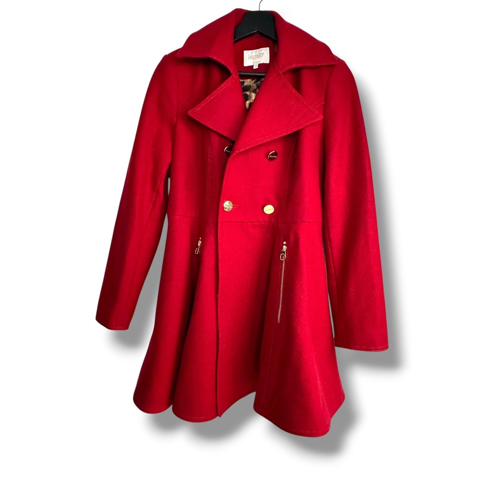 Laundry by Shelli Segal Pea Coat Women PM Red Wool Blend Leopard Lining Gold Zip